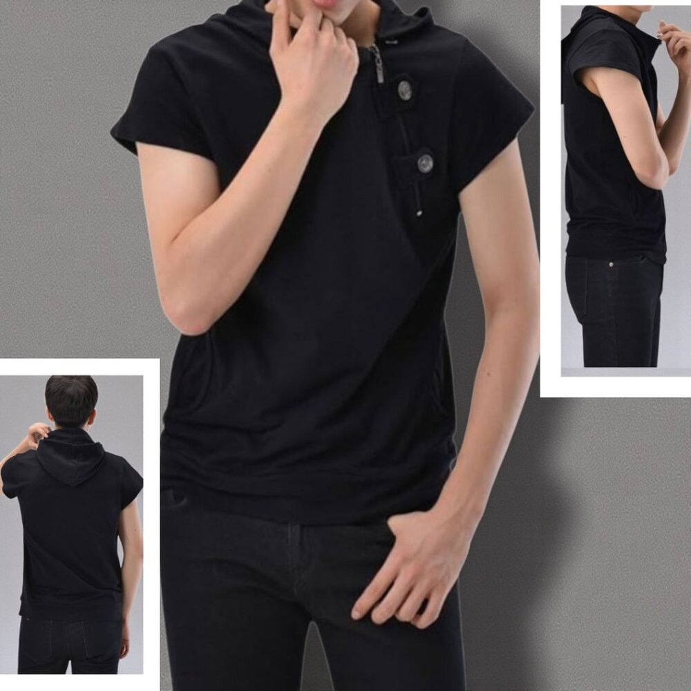 TheLEEs (XL) Mens Short Sleeve Naruto Style Zipper Button Cotton Hoodie